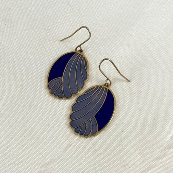 Roman Blue Purple Enamel Dangle Earrings Abstract Oval Gold Tone Hook VTG - Picture 2 of 6
